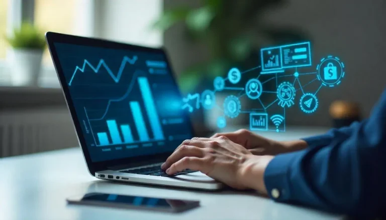 Professional working on laptop with digital income streams and affiliate marketing icons in modern workspace