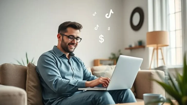 Person working on a laptop at home surrounded by digital symbols representing affiliate marketing, social media platforms, and online income.